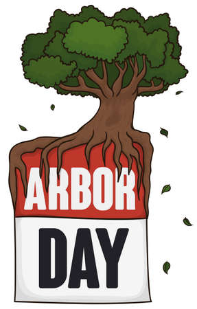 Loose-leaf calendar with giant tree in the top of it, with some leaves like confetti to commemorate Arbor Day.のイラスト素材