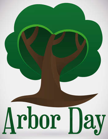 View of isolated tree with abstract heart shape and greeting text to promote Arbor Day celebration.のイラスト素材