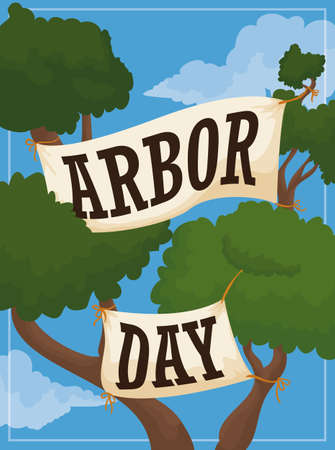 Poster with tall tree branches that reach the clouds with greeting signs commemorating Arbor Day.のイラスト素材