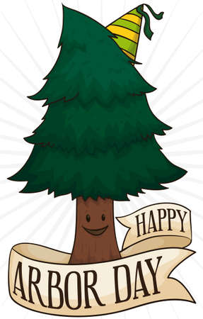 Cute, smiling pine with a party hat and a greeting ribbon around it celebrating Arbor Day.のイラスト素材