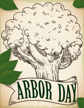 Hand drawn design with beautiful tree and a ribbon with some leaves scattered around it to celebrate Arbor Day.のイラスト素材
