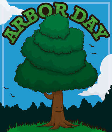Smiling tree in a beautiful forest view, winking at you and inviting to celebrate Arbor Day.のイラスト素材