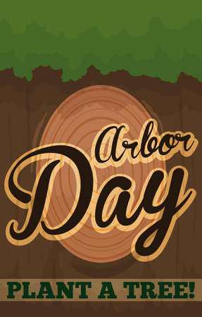 Poster for Arbor Day with the view of a tree trunk and branch sliced, showing the tree age and promoting to plant a tree in this holiday.のイラスト素材