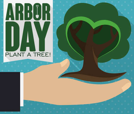 Flat design with long shadow presenting a hand holding a tiny tree, promoting tree plantation during Arbor Day celebration.のイラスト素材