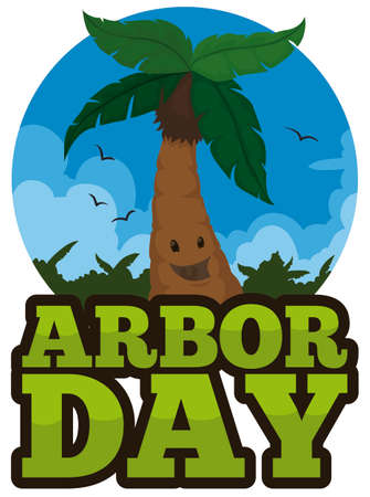 Round button with a tropical view and smiling palm tree celebrating Arbor Day.のイラスト素材