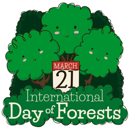 Tender triplet of trees promoting International Day of Forests with calendar reminding you to celebrate this date in March 21.のイラスト素材