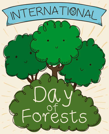 Greeting ribbon and cute friendly trees smiling and celebrating International Day of Forests in hand drawn style.のイラスト素材