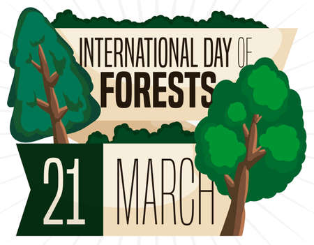 Commemorative design with greeting ribbons and different tree types promoting International Day of Forests celebration this 21st March.のイラスト素材