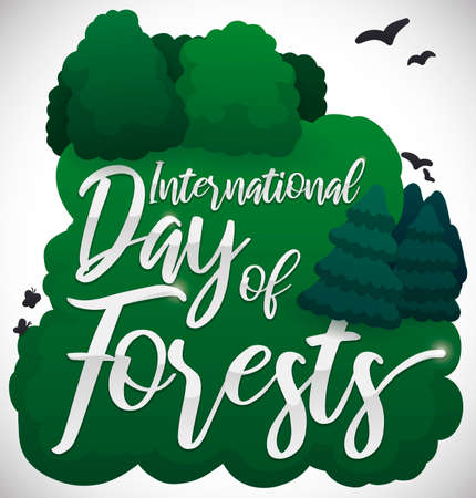 Green sign with bush and lush grass, with trees, birds and butterflies promoting International Day of Forests.のイラスト素材