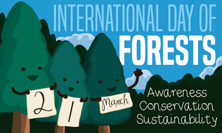 Cute pine brothers holding signs reminding at you the International Day of Forests this 21st March and some precepts for this important celebration: awareness, conservation and sustainability.のイラスト素材