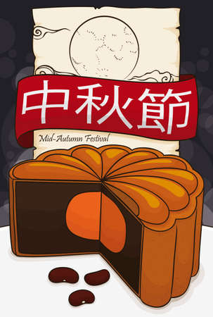 Scroll with traditional full moon drawing, ribbon and delicious mooncake made with pastry of red beans for Mid-autumn Festival (written in Chinese calligraphy) celebration.のイラスト素材