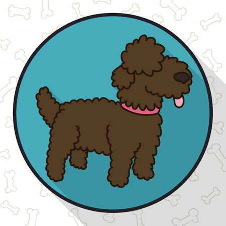 Round button and brown water dog ready to play, decorated with bones pattern in flat design with long shadow.のイラスト素材