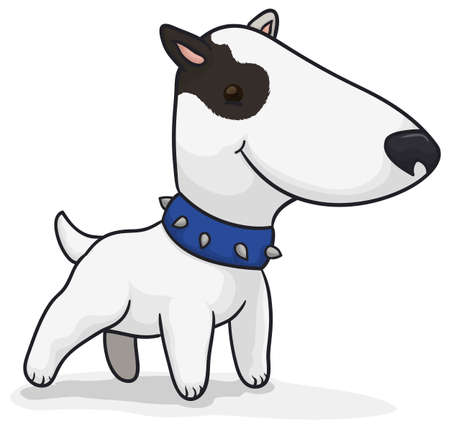 Happy smiling bull terrier with studded collar posing for a photo and waiting for its owner.のイラスト素材