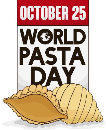 Loose-leaf calendar with delicious sea shell pasta or conchiglie (in Italian) and reminder date for World Pasta Day celebration: October 25.のイラスト素材