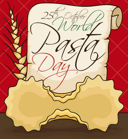 Scroll with reminder date, wheat ear and farfalline pasta promoting World Pasta Day in October 25.のイラスト素材