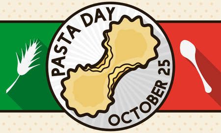Flat design and long shadows with button and farfalline pasta inside of it, wheat and spoon silhouettes over Italian colors promoting Pasta Day celebration in October 25.のイラスト素材