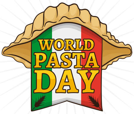 Traditional conchiglie or "shell": a delicious type of short pasta decorated with a ribbon like Italian flag and wheat silhouettes for World Pasta Day celebration.のイラスト素材