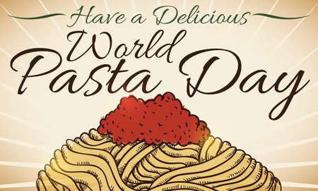 Reminder card with delicious design in hand drawn style of traditional spaghetti recipe with tomato sauce for World Pasta Day celebration.のイラスト素材