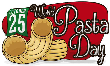 Delicious chifferi rigati, gomiti or elbow pasta with reminder ribbon, sign and reminder to celebrate World Pasta Day this 25th October.のイラスト素材