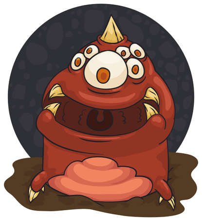 Cute underground creature with a lot of eyes, horn and big fangs, that dug up his way to surface to salute youのイラスト素材