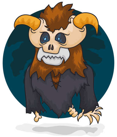 Amputated necromancer with hairy body, wearing a skull in its head with horns and a ragged pelt ready to cast a black magic spell.のイラスト素材