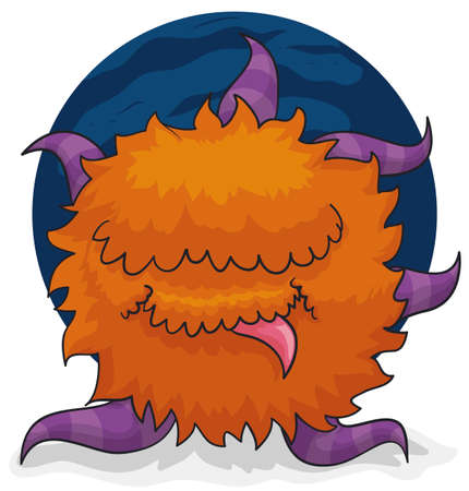 Furry red haired monster with tentacles, floating with its tongue out and ready for some pranks in Halloween.のイラスト素材