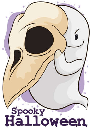 Mischievous ghost holding a skull, ready for pranks during Halloween celebration.のイラスト素材