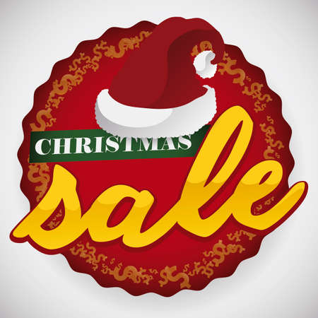 Button with Santa's hat over label and golden sign promoting Christmas sales season.のイラスト素材