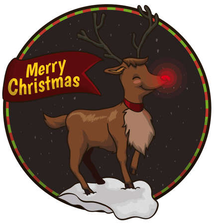 Button with Christmas night with reindeer with red nose under a soft snow storm celebrating this event with a greeting ribbon.のイラスト素材