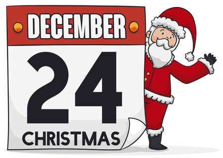 Happy Santa Claus saluting at you, behind a giant loose-leaf calendar for Christmas celebration in December 24.のイラスト素材