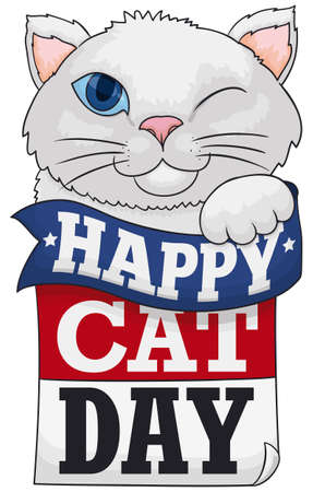 Cute cat, winking at you and holding a greeting ribbon and loose-leaf calendar to celebrate American Cat Day.のイラスト素材