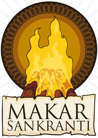 Round button and bonfire with greeting scroll commemorating the day preceding Makar Sankranti (traditionally called Bhogi or Lohri).のイラスト素材
