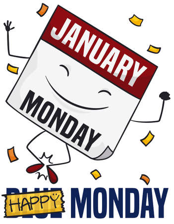 Happy loose-leaf calendar under a confetti shower celebrating the good mood during Blue Monday -banned with yellow tape-.のイラスト素材