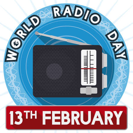 Round button with radio, wave frequencies broadcasting special news and a "on air" sign with the date to celebrate World Radio Day in February 13.のイラスト素材