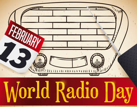 Scroll with antique tabletop radio drawing in it, calendar and modern radio to commemorate with a special broadcast during World Radio Day in February 13.のイラスト素材