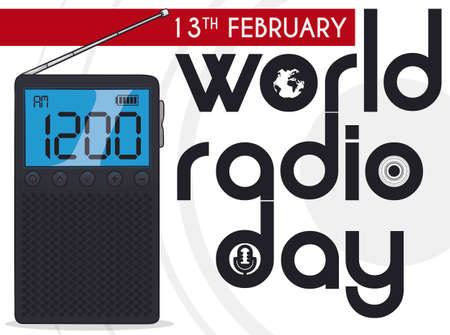 Tiny radio with digital screen broadcasting World Radio Day event this 13th February and decorated with icons of globe, microphone and round waves.のイラスト素材