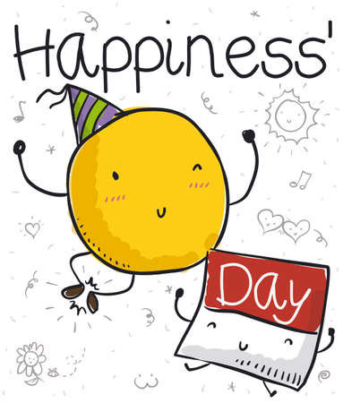 Cute yellow spot jumping and clapping its feet, celebrating with a tender calendar paper the Happiness' Day with a party and funny doodles.のイラスト素材