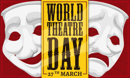 Banner with red curtains and porcelain masks representing comedy and tragedy behind a golden ticket to celebrate World Theater Day this 27th March.のイラスト素材