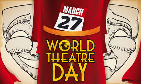 Scroll with masks draw: one with the comedy face and the other one with tragedy gesture and a red curtain with reminder to celebrate World Theater Day this 27 March.のイラスト素材