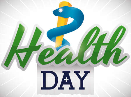 Commemorative design with Asclepius staff behind sign and square paper decorated with medical cross promoting Health Day celebration.のイラスト素材