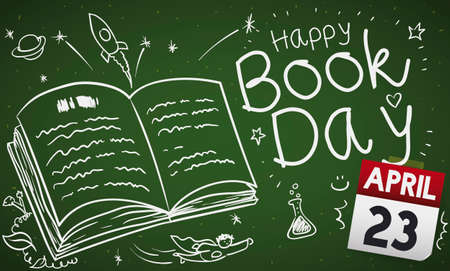 Chalkboard with cute doodles, representing the fantastic adventures and knowledge contained in a book, promoting celebration in the school and happy Book Day in April 23.のイラスト素材