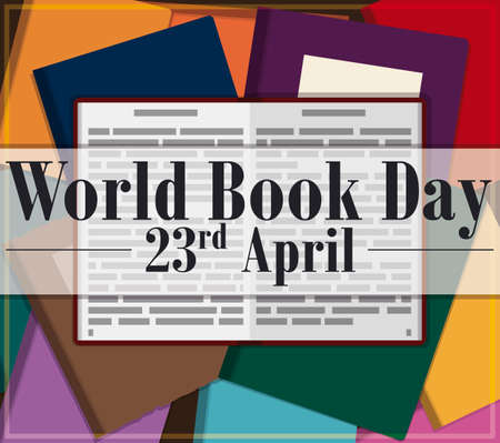 Commemorative top view design to celebrate World Book Day with many of them and a open textbook, event for this 23rd April.のイラスト素材