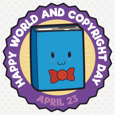 Button with cute book, wearing a bow tie and blushed due the great literary celebration during World Book and Copyright Day held in April 23.のイラスト素材
