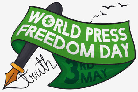 Commemorative ribbon over a elegant fountain pen ready to say the truth and supporting speech freedom during World Press Freedom Day celebration in May 3.のイラスト素材