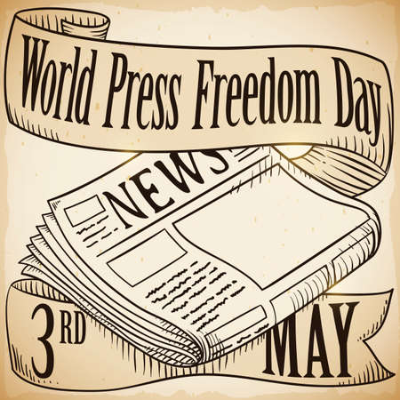 Scroll with newspaper and greeting ribbon around it promoting support to this media and to commemorate World Press Freedom Day this 3rd May.のイラスト素材