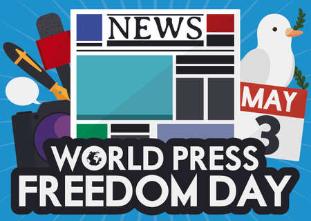 Journalist elements representing the independence and freedom of all journalists during World Press Freedom Day: dove with olive branch, calendar, camera, pen, microphone, newspaper and speech bubble.のイラスト素材