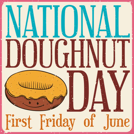 Retro design with delicious and happy donut with banana glaze smiling at you and reminding to celebrate National Doughnut Day the 1st Friday of June.のイラスト素材