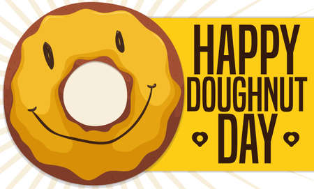 Happy, smiling donut with yellow glaze over label decorated with hearts, ready to celebrate Doughnut Day.のイラスト素材