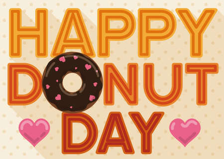 Commemorative sign in flat style and long shadow with delicious doughnut, chocolate glaze and heart shaped candy sprinkles for Donut Day celebration.のイラスト素材