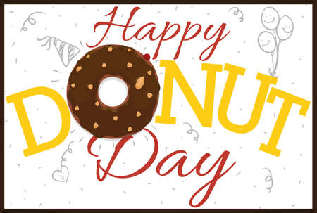Frame with a delicious doughnut over it with chocolate glaze and peanut sprinkles to celebrate Donut Day and cute doodle drawings: party hat, balloons, heart, streamers and confetti.のイラスト素材